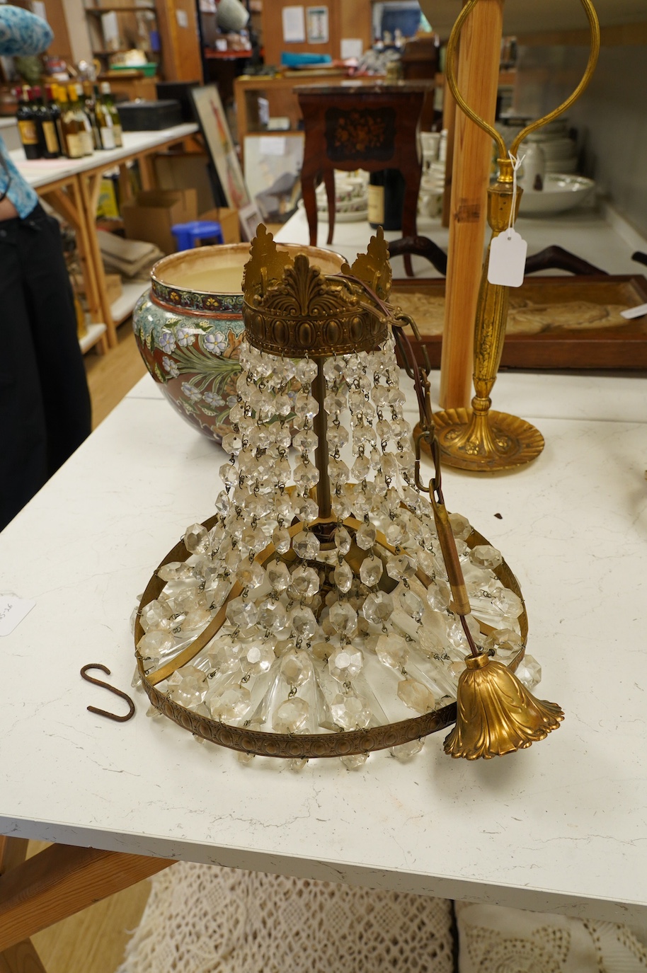 A gilt metal and lustre glass bag chandelier. Condition - fair